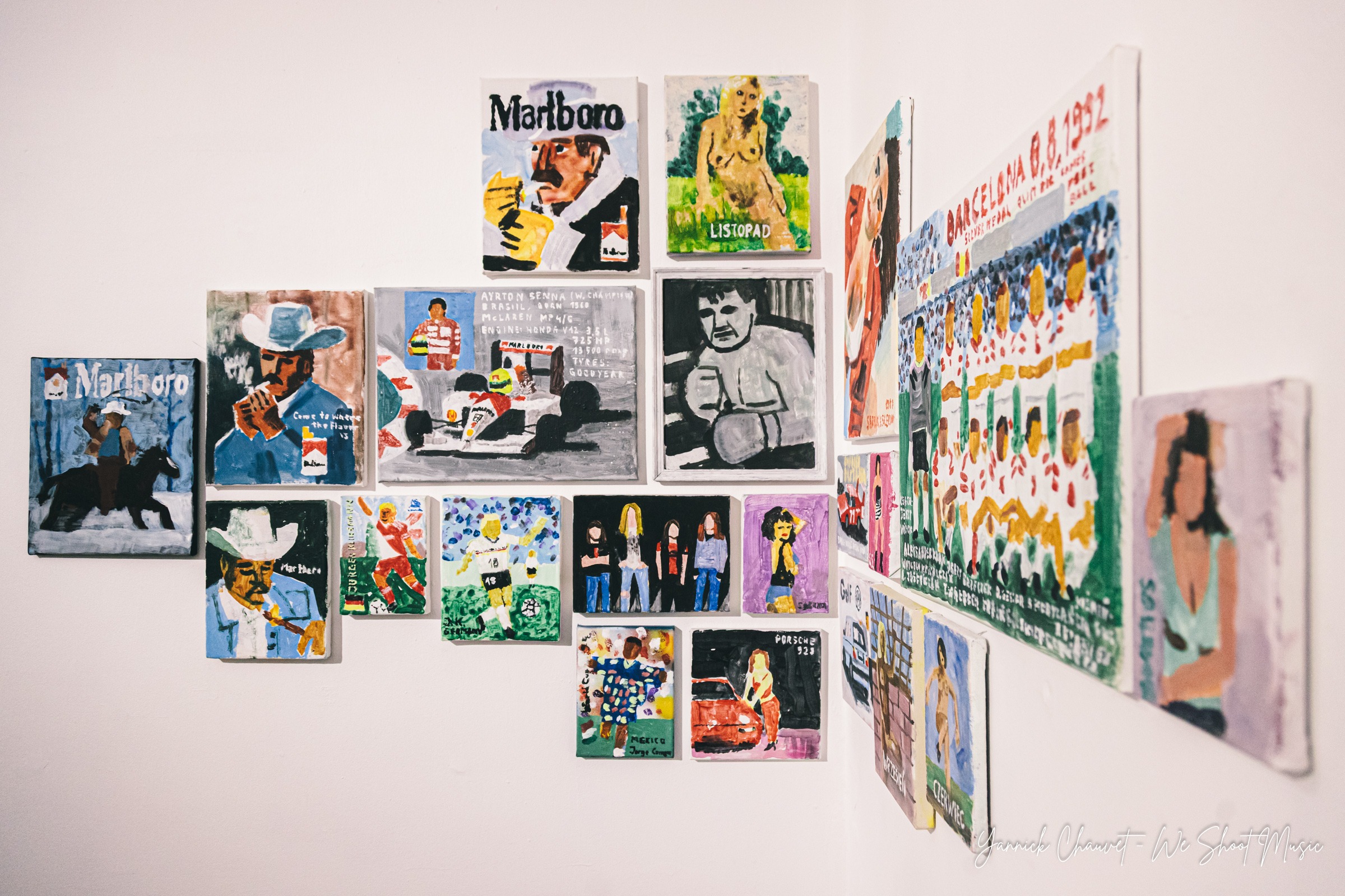 Gallery views of "Summertime Love", an exhibition by Tomasz Kaczyński (@deepgothic) at tuBaza in Gdynia Orłowo, featuring paintings inspired by music, popular culture, sport and everyday life.