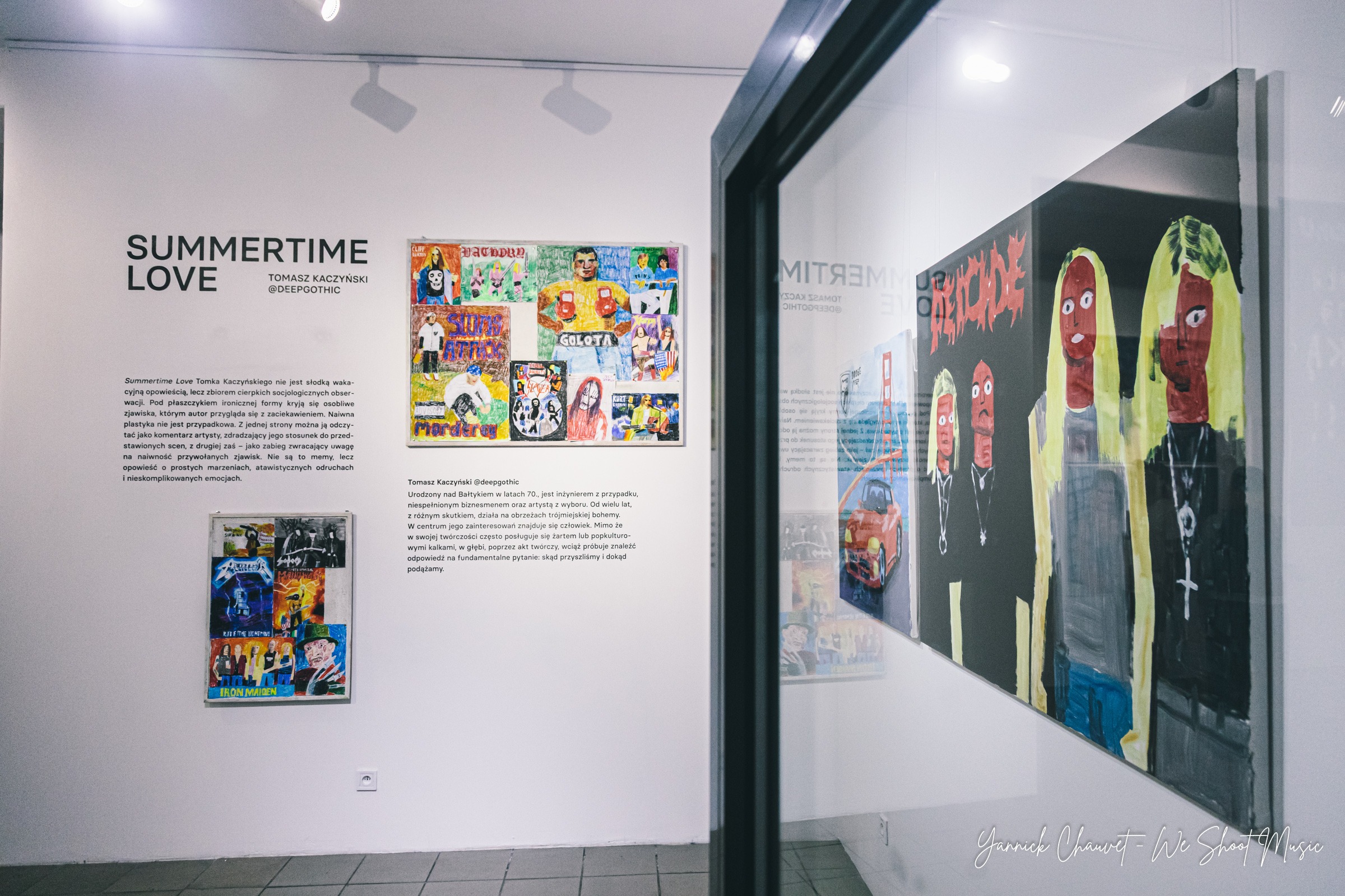 Gallery views of "Summertime Love", an exhibition by Tomasz Kaczyński (@deepgothic) at tuBaza in Gdynia Orłowo, featuring paintings inspired by music, popular culture, sport and everyday life.