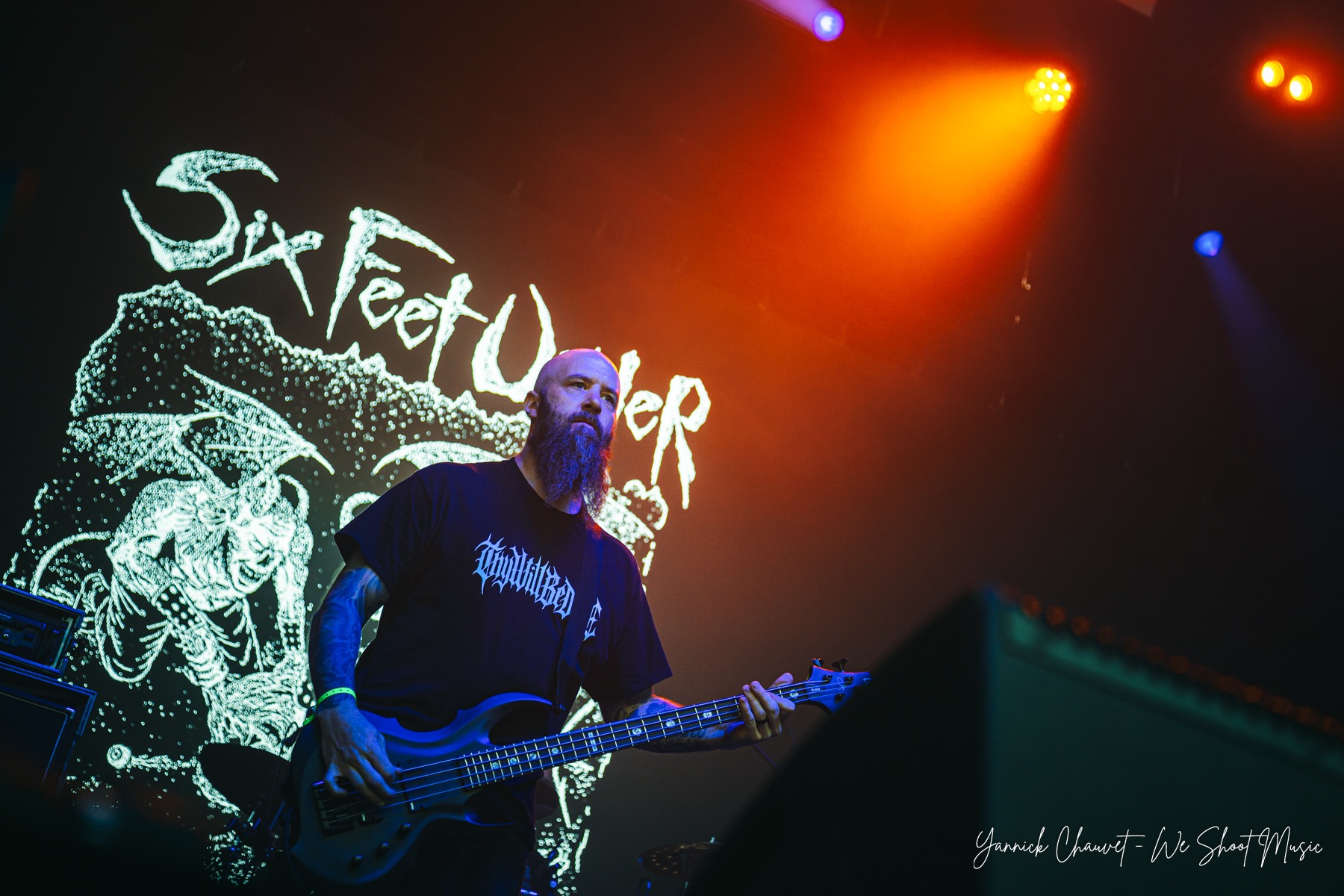 Six Feet Under performing live on stage during Mystic Festival 2026 Warm Up Day.