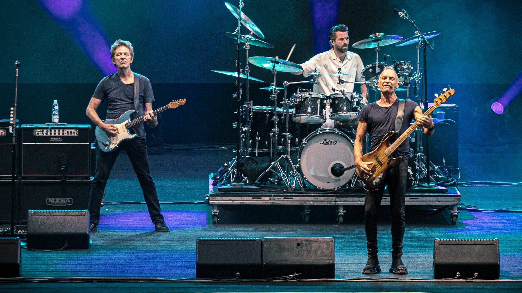 Sting performing live with Dominic Miller and Chris Maas during the Sting 3.0 concert at Opera Leśna in Sopot, Poland, on 24 June 2026.