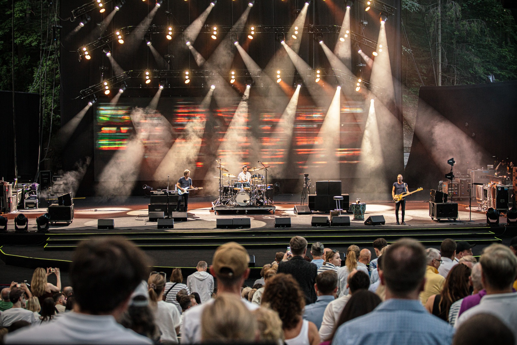 Sting performing live with Dominic Miller and Chris Maas during the Sting 3.0 concert at Opera Leśna in Sopot, Poland, on 24 June 2026.