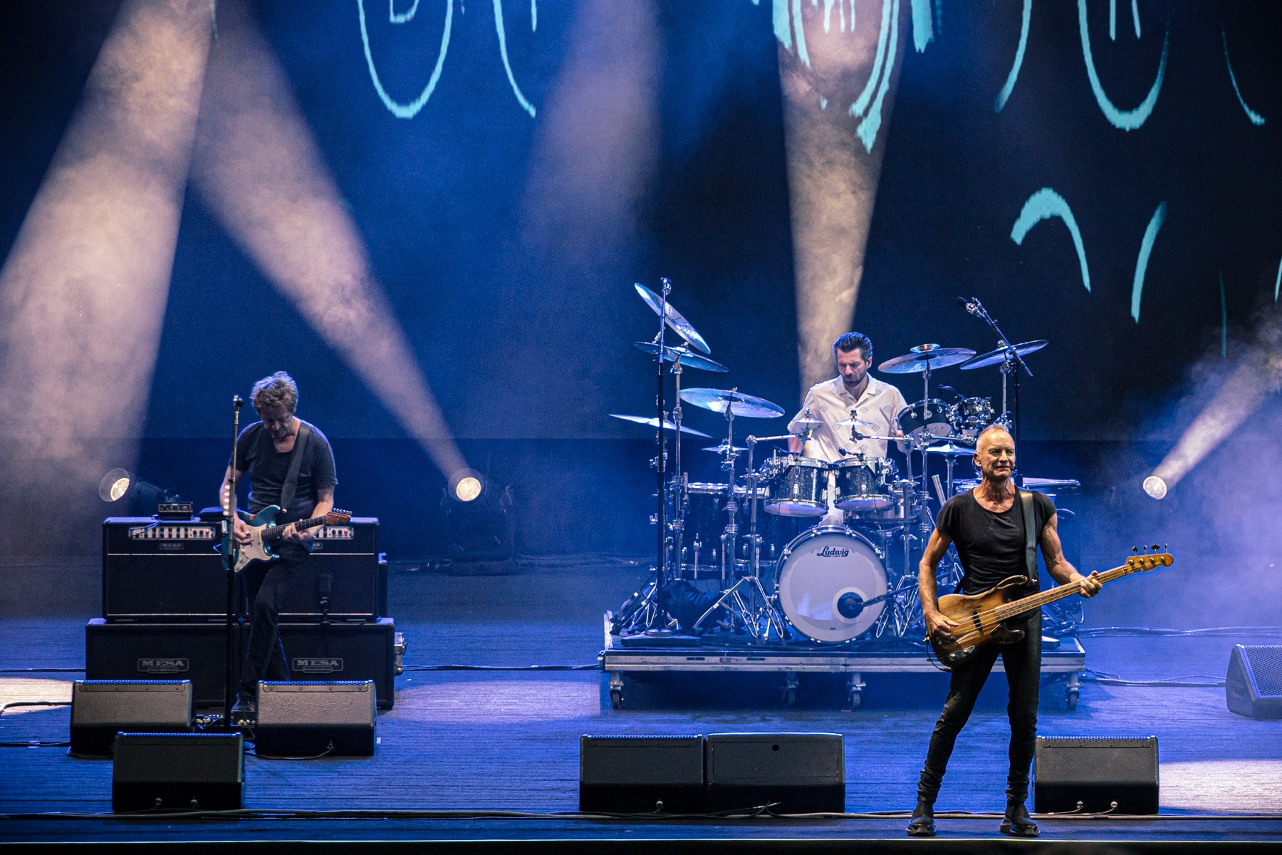 Sting performing live with Dominic Miller and Chris Maas during the Sting 3.0 concert at Opera Leśna in Sopot, Poland, on 24 June 2026.